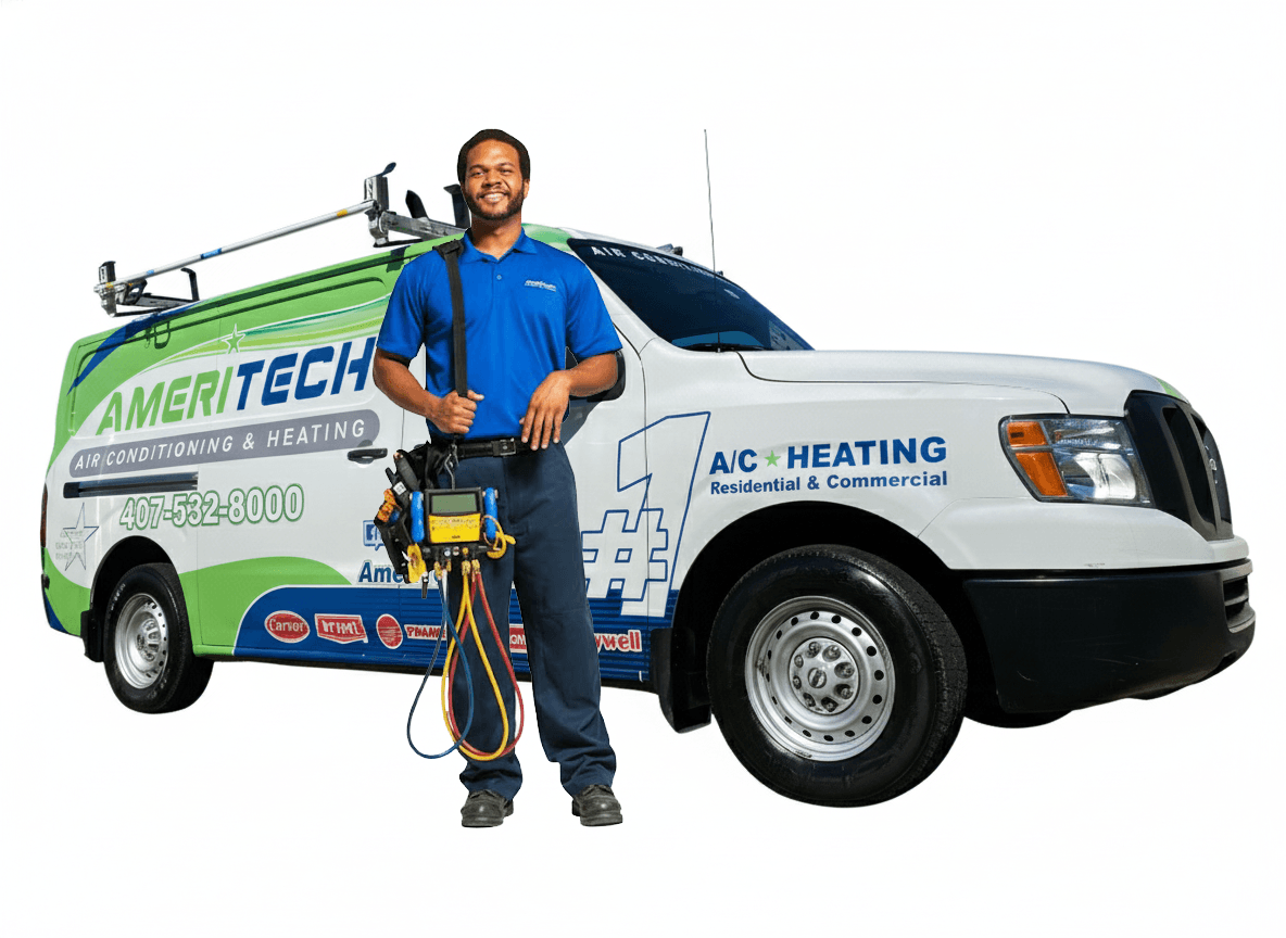 AmeriTech AC technician standing in front of a branded service van