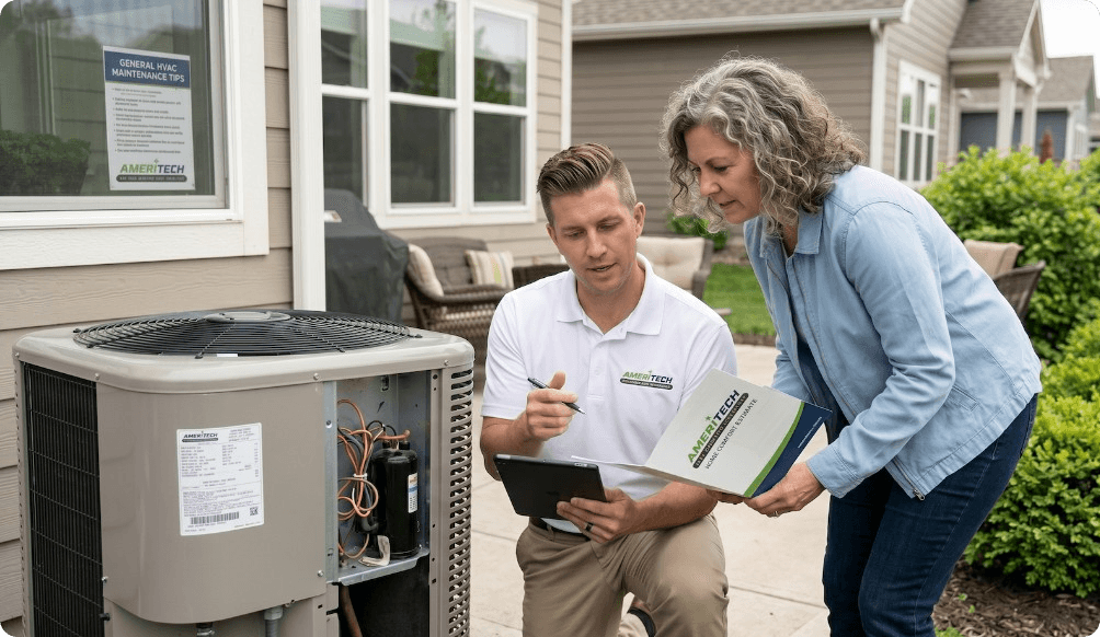 AmeriTech technician reviewing AC options with a homeowner